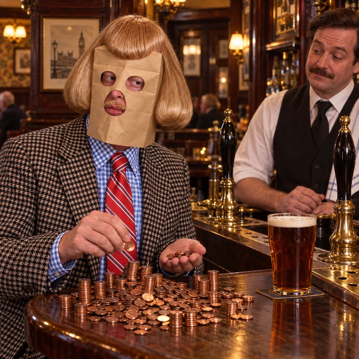 Phil counting coins at a pub while the bartender watches
